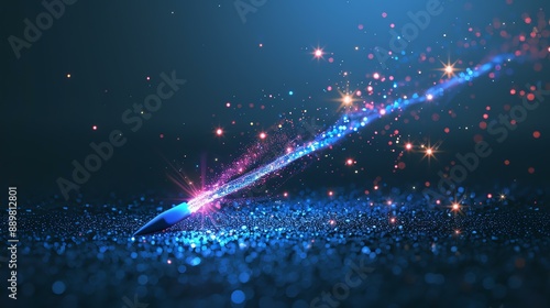 A magic pencil with glowing tip. It leaves a trail of glittering stars as it moves. The background is dark blue with a subtle sparkle. © Factory