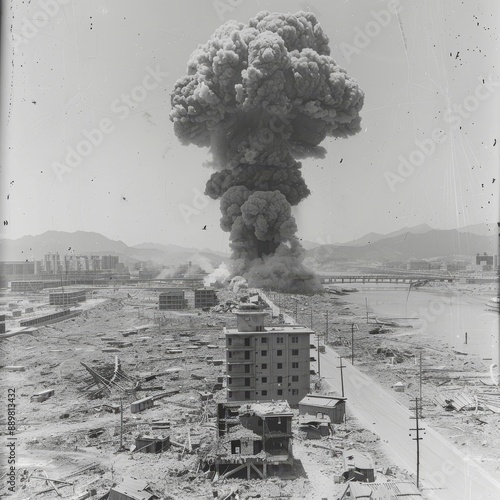 A mushroom cloud looms over Nagasaki, Japan, after the atomic bomb explosion. Buildings destroyed, 70,000 dead, 100,000 injured. Tragic reminder of nuclear devastation. photo