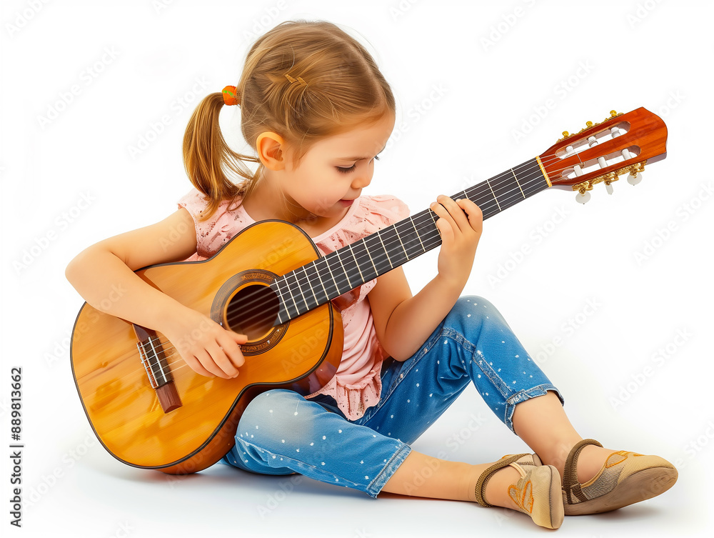 young girl is sit playing the guitar with white background young girl is sit playing the guitar with white background