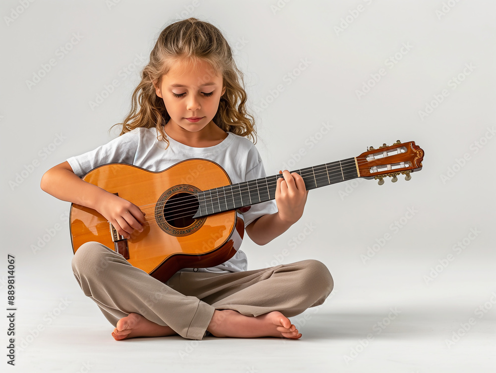 Fototapeta premium young girl is sit playing the guitar with white background