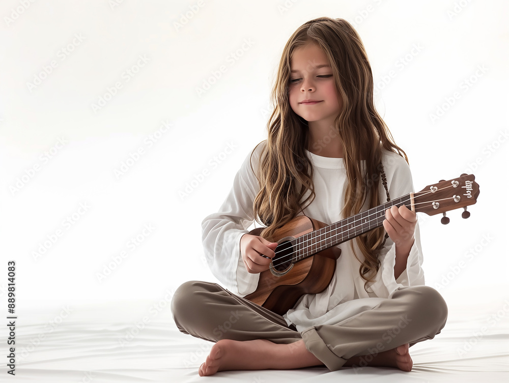 Fototapeta premium young girl is sit playing the guitar with white background