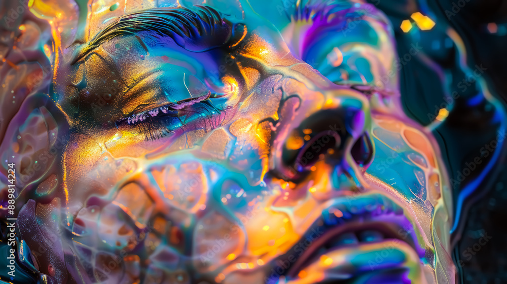 Iridescent molten rainbow colors human face. Concept of futuristic, alien, ephemeral, ethereal, ai generated. Iridescent molten rainbow colors human face. Concept of futuristic, alien, ephemeral, ethereal, ai generated.