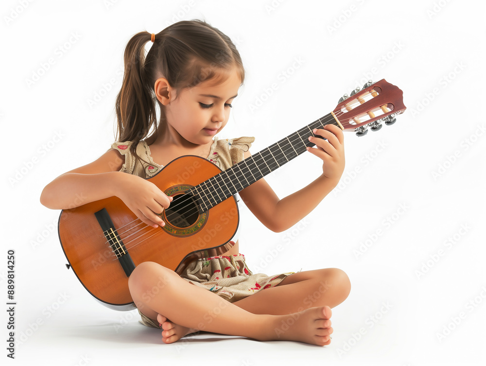 young girl is sit playing the guitar with white background young girl is sit playing the guitar with white background