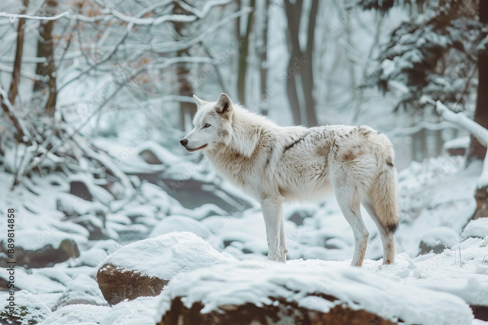 Obraz premium Solitary white wolf standing alone in the serene and snow covered park landscape