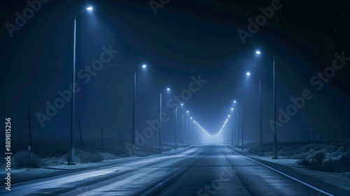 Empty Country Road at Night with Red Streetlights and Solitude in a Dark Countryside