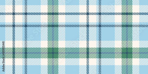 Classic tartan pattern in blue, green, and white with intersecting lines and squares.