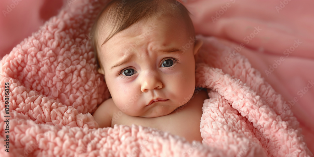 Cute baby girl lying and posing on pink blanket Cute baby girl lying and posing on pink blanket