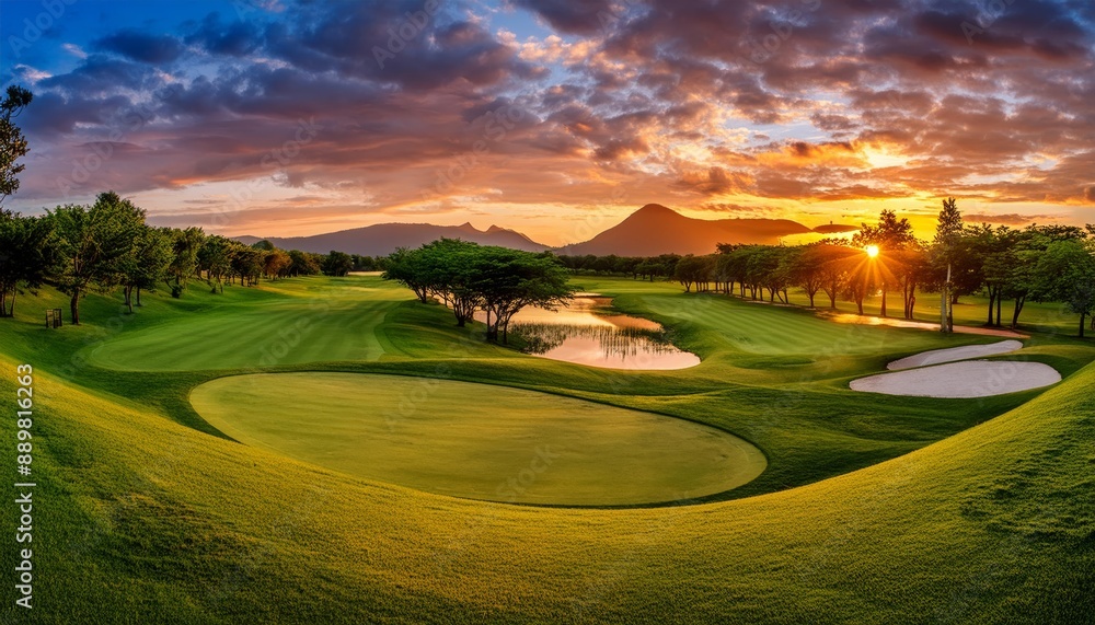 Obraz premium Golf course glowing in the golden light of sunrise or sunset