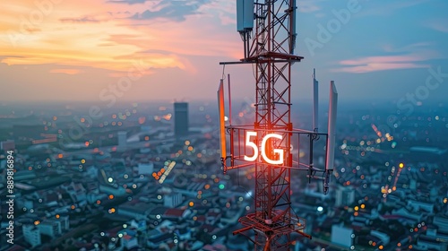 5G cellular network antenna on a telecommunication tower in urban setting, highlighting global internet and digital connectivity