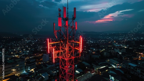 5G cellular network antenna on a telecommunication tower in urban setting, highlighting global internet and digital connectivity