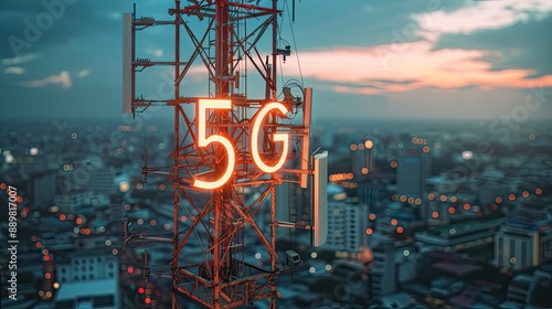 5G cellular network antenna on telecommunication tower in urban backdrop, illustrating global internet and digital connectivity -