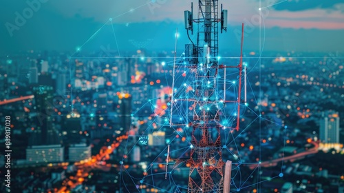5G cellular network antenna on telecommunication tower in urban backdrop, illustrating global internet and digital connectivity -