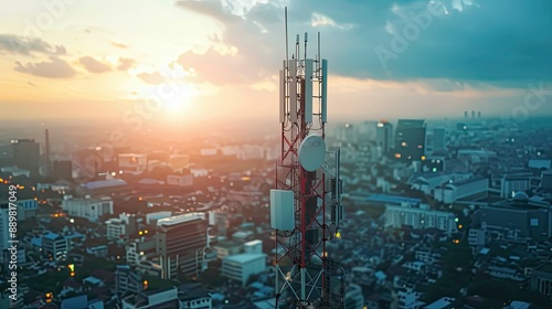 5G cellular network antenna on telecommunication tower against urban backdrop, showcasing global internet and connectivity concept