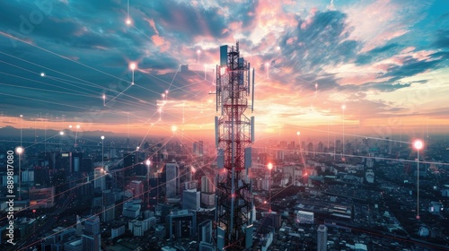 5G cellular network antenna on telecommunication tower against urban skyline, emphasizing global internet and connectivity concept