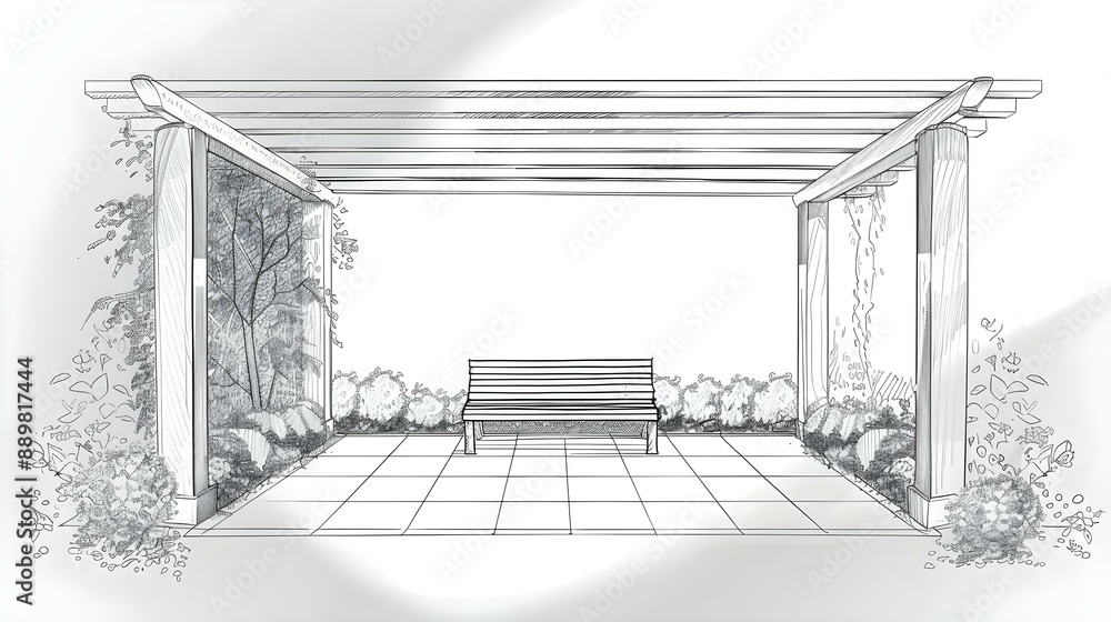 Linear architectural sketch of pergola with bench Linear architectural sketch of pergola with bench