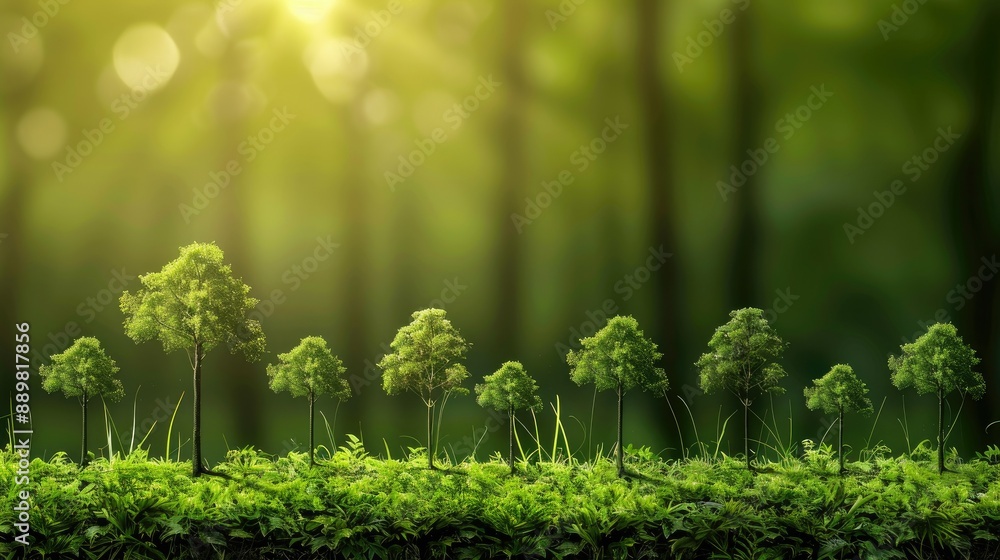 Background of green foliage with small trees, emphasizing the message of environmental responsibility on World Environment Day Background of green foliage with small trees, emphasizing the message of environmental responsibility on World Environment Day
