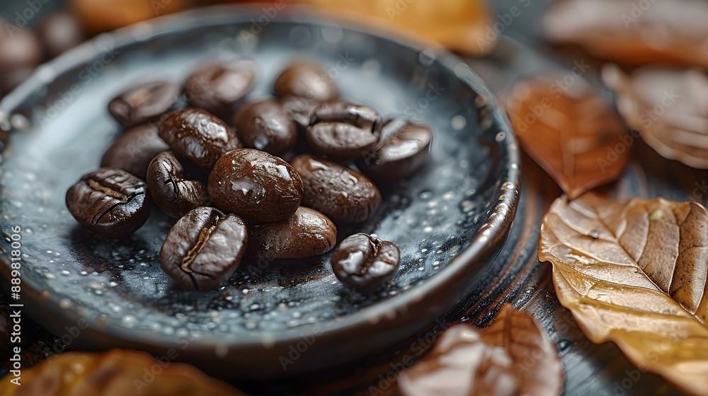 Coffee beans and tea leaves on the same plate Coffee beans and tea leaves on the same plate