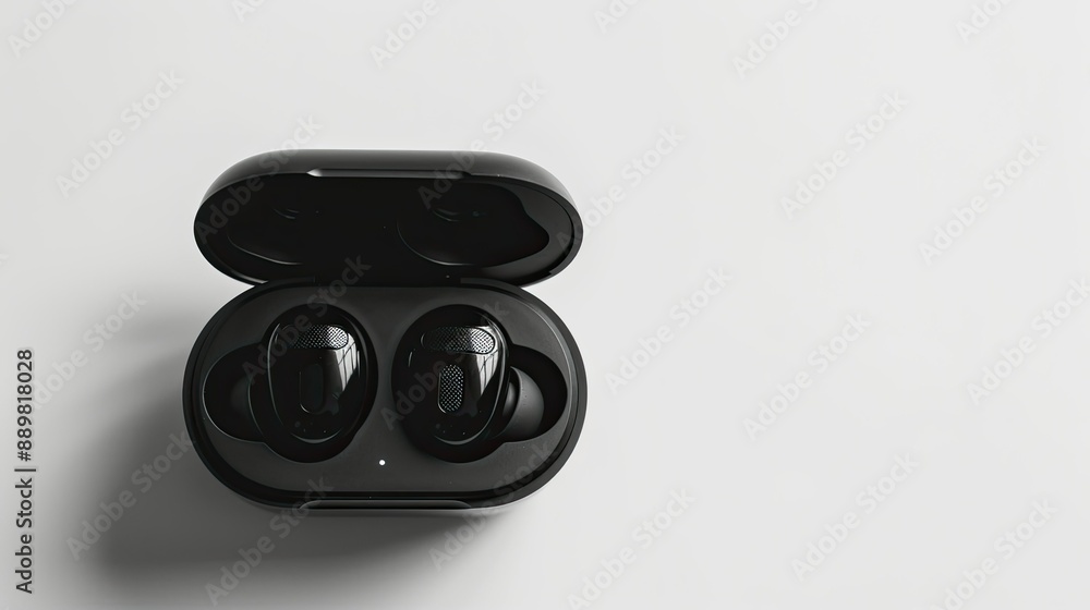 Black earphones inside their charging case, viewed from above on a clean white background