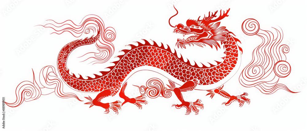 Red Chinese Dragon With Wavy Clouds Illustration Red Chinese Dragon With Wavy Clouds Illustration