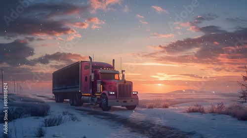 Fototapeta Naklejka Na Ścianę i Meble -  Truck parked in the snow at sunset