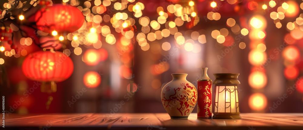Decorated Vase and Lantern on Wooden Table With Red Lanterns and Lights in the Background Decorated Vase and Lantern on Wooden Table With Red Lanterns and Lights in the Background