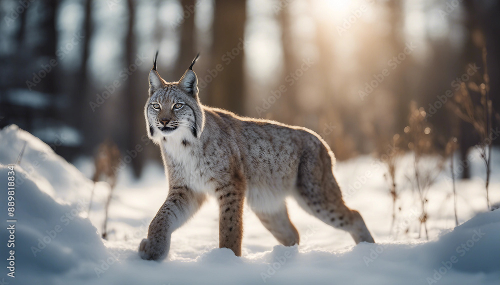 A lynx stalking through the snow-covered woods, dawn
A lynx stalking through the snow-covered woods, dawn