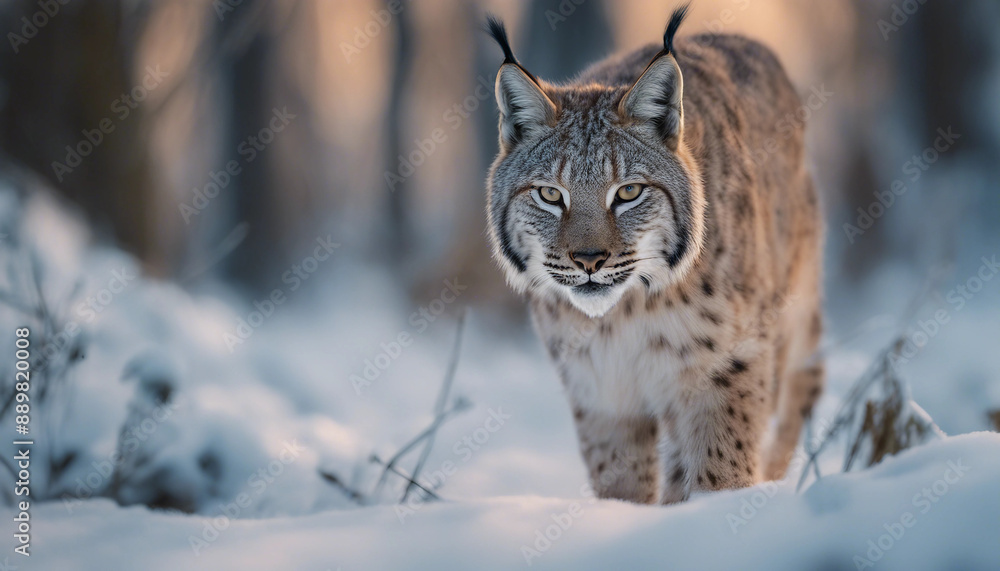 Obraz premium A lynx stalking through the snow-covered woods, dawn 