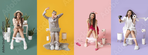 Collage of young woman sitt...
