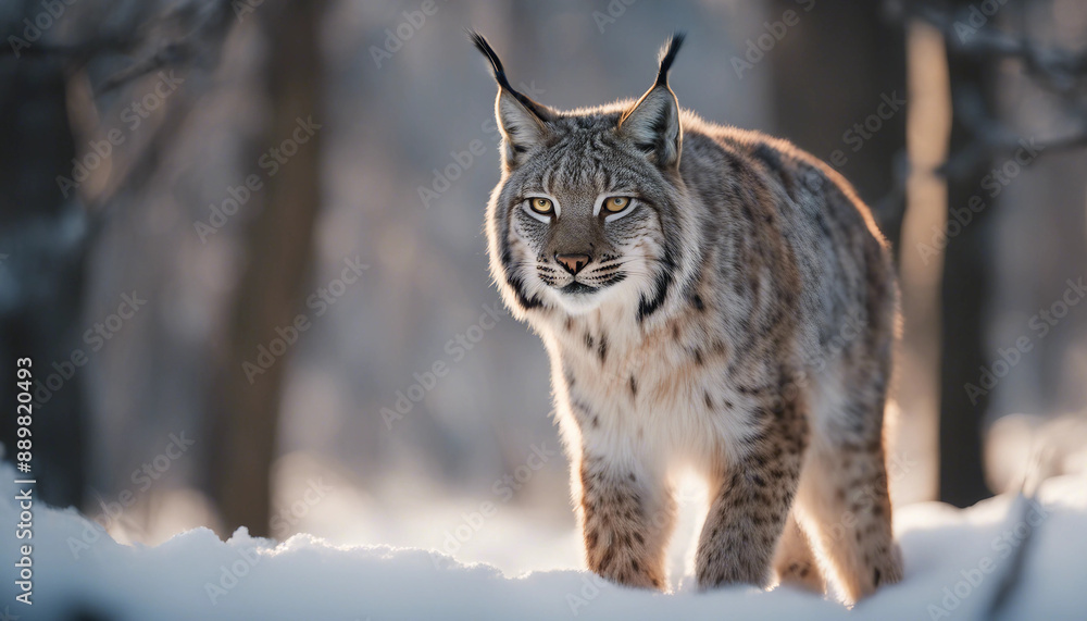 A lynx stalking through the snow-covered woods, dawn
A lynx stalking through the snow-covered woods, dawn