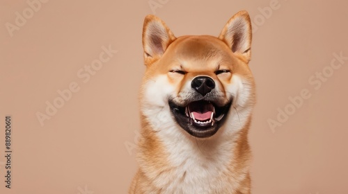 Cute Shiba Inu dog smiling brightly, a stunning representation of the Akita Inu breed on beige backdrop © chanidapa