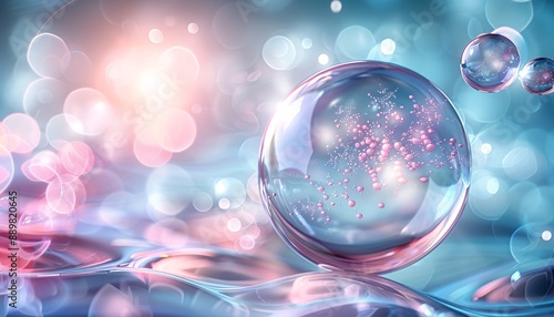 Molecule inside liquid bubble, 3D illustration.