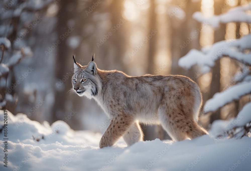 Fototapeta premium A lynx stalking through the snow-covered woods, dawn 