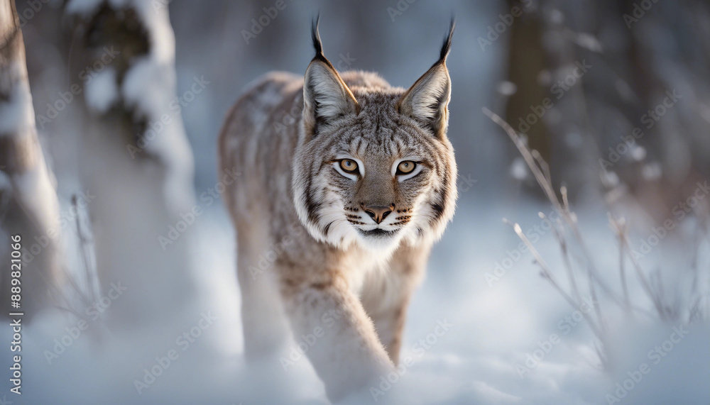Obraz premium A lynx stalking through the snow-covered woods, dawn 