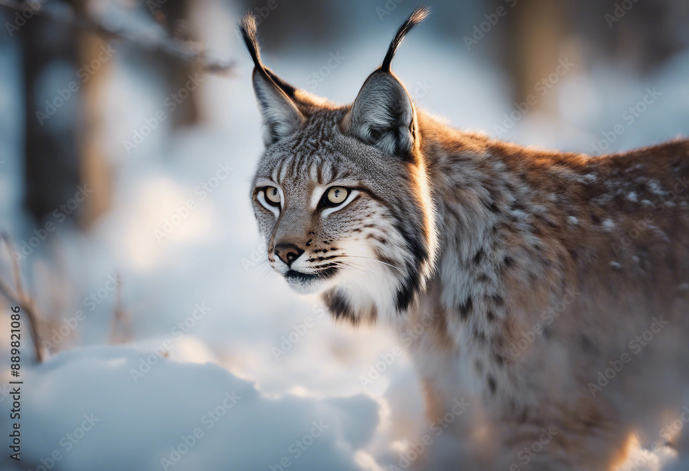 Fototapeta premium A lynx stalking through the snow-covered woods, dawn 