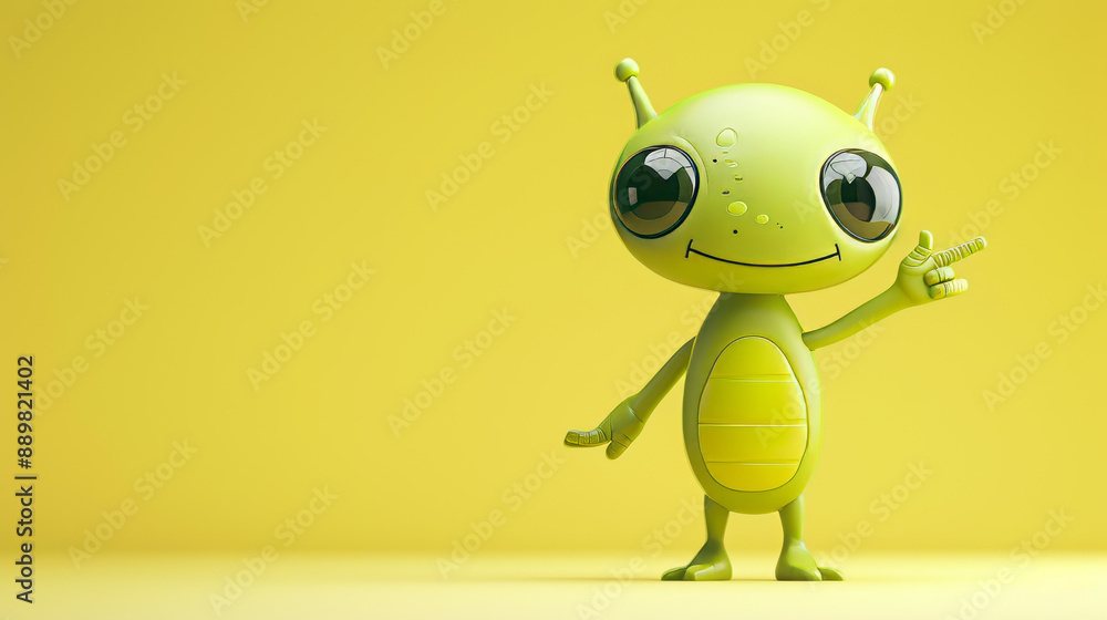 Friendly Green Alien Pointing Right on Yellow Background Friendly Green Alien Pointing Right on Yellow Background