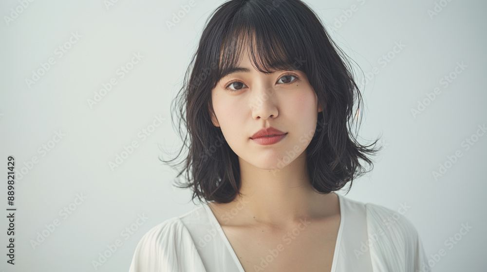 Asian Young Woman with Short Hair in White Dress, Studio Portrait, Natural Beauty, Soft Lighting, Fashion Photography, Minimalist Background, Calm Expression, Timeless Elegance, Classic Style, Profes Asian Young Woman with Short Hair in White Dress, Studio Portrait, Natural Beauty, Soft Lighting, Fashion Photography, Minimalist Background, Calm Expression, Timeless Elegance, Classic Style, Profes