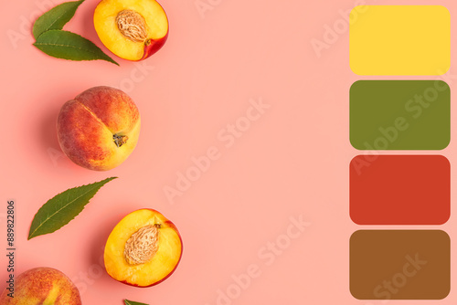 Sweet peaches and leaves on...