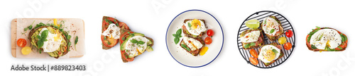 Foto Set of tasty sandwiches with eggs on white background, top view