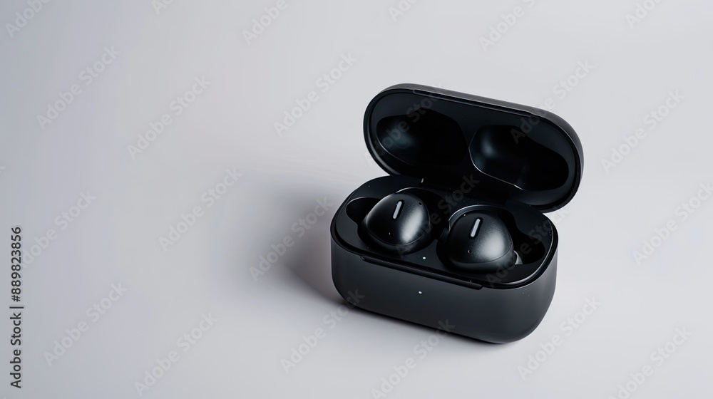 High-angle view of black earphones in their charging box, minimalist design on white backdrop High-angle view of black earphones in their charging box, minimalist design on white backdrop