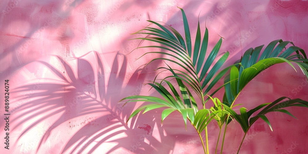 Palm leaf shadow on pink wall background. Palm leaf shadow on pink wall background.