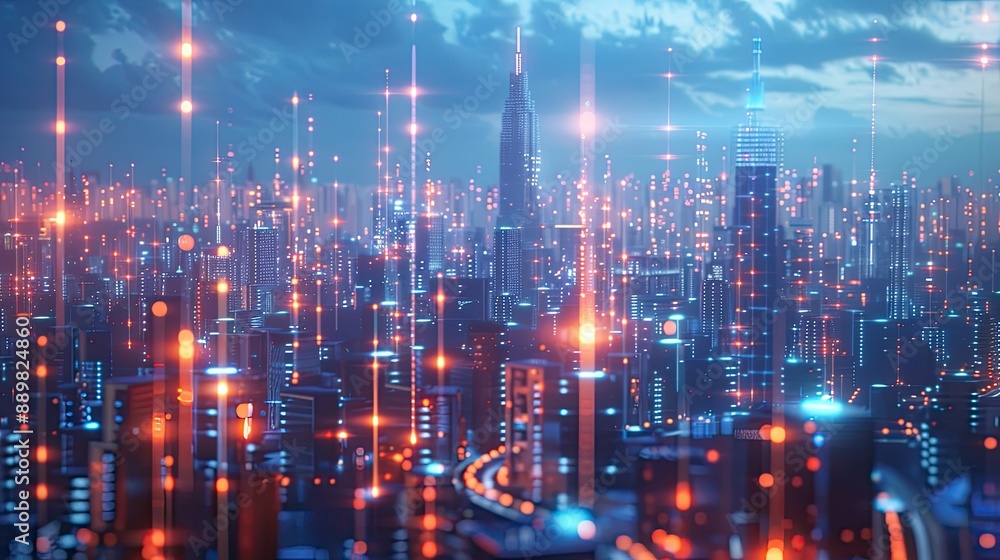 Metaverse technology concept with interconnected dots forming a smart city grid, illustrating digital communication networks