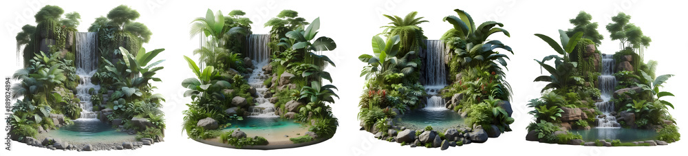 Set of Cascading waterfalls in a lush green place, isolated on white and transparent background. Set of Cascading waterfalls in a lush green place, isolated on white and transparent background.