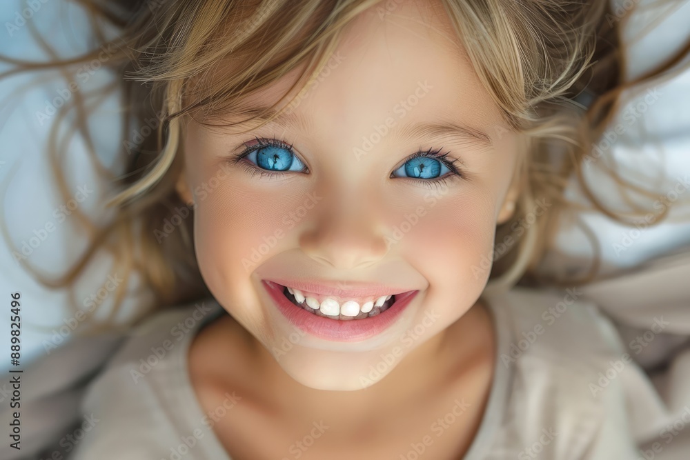 Happy smiling little girl with blue eyes and blonde hair. Cute child with beautiful face looking into camera close-up portrait Happy smiling little girl with blue eyes and blonde hair. Cute child with beautiful face looking into camera close-up portrait