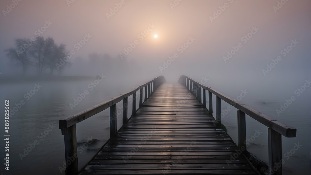 Misty bridge leading towards the sunrise Misty bridge leading towards the sunrise