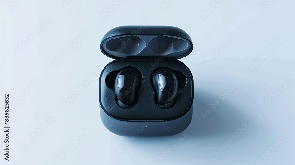 Overhead shot of stylish black earbuds in their charging case, minimalistic design on white surface