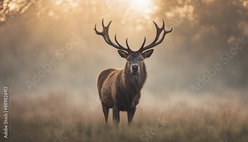 A majestic stag standing in a meadow, with mist rising in the early morning light  © abu