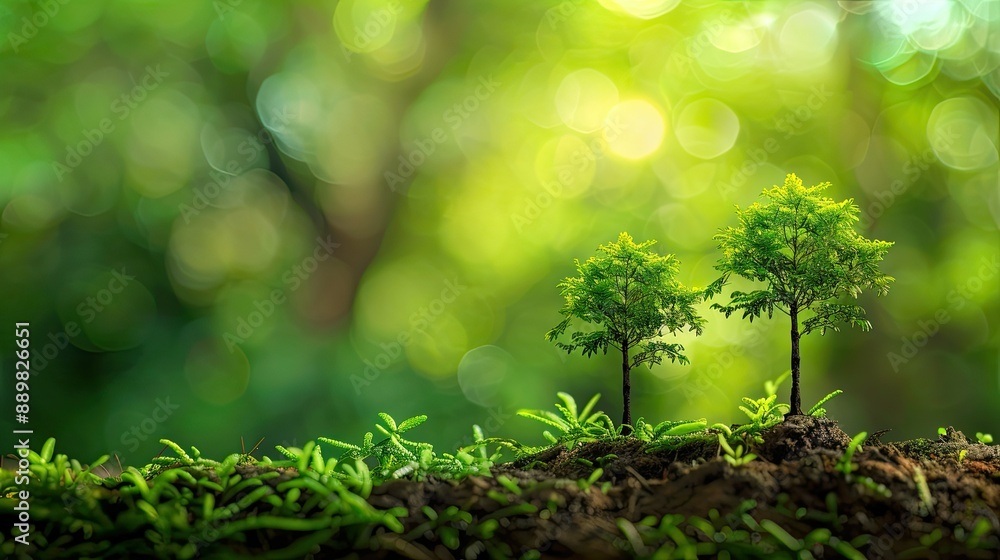 Small trees growing in a vibrant green environment, emphasizing the importance of environmental care and World Environment Day Small trees growing in a vibrant green environment, emphasizing the importance of environmental care and World Environment Day