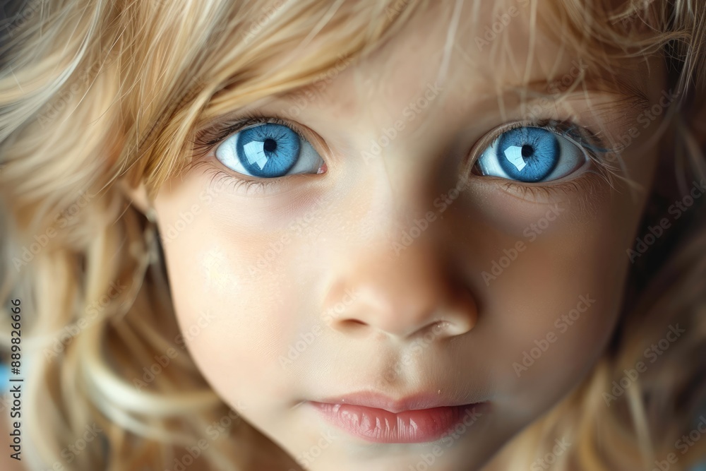 Curious little girl with blue eyes and blonde hair. Cute child with beautiful face looking into camera close-up portrait Curious little girl with blue eyes and blonde hair. Cute child with beautiful face looking into camera close-up portrait