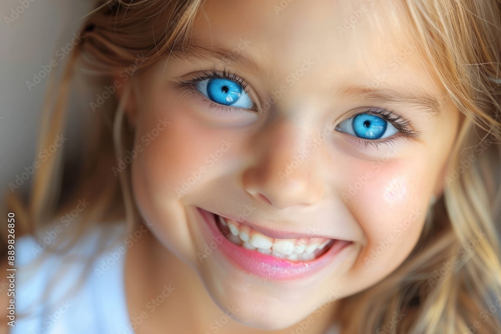 Happy smiling little girl with blue eyes and blonde hair. Cute child with beautiful face looking into camera close-up portrait Happy smiling little girl with blue eyes and blonde hair. Cute child with beautiful face looking into camera close-up portrait