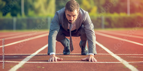 Businessman in starting blocks getting ready for race on track photo